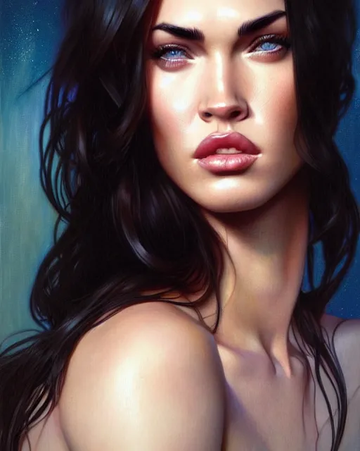 Prompt: portrait of megan fox with hot face expression, intricate, headshot, highly detailed, digital painting, artstation, concept art, sharp focus, cinematic lighting, illustration, art by artgerm and greg rutkowski, alphonse mucha, cgsociety