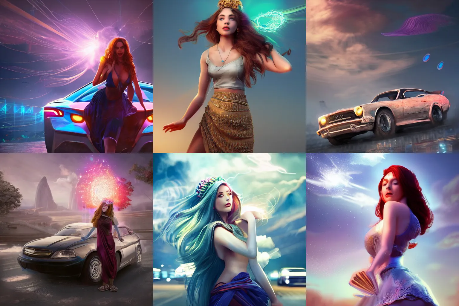 Prompt: a beautiful female goddess of cars character, character is in all its glory, character is in her natural relaxed pose, rim lights, particles and dust in the air, fancy clouds, highly detailed professional photo, dynamic lights, particles are flying, depth of field, trending on artstation, illustration, hyper realistic, vray caustics, super detailed, colorful accents, cinematic shot