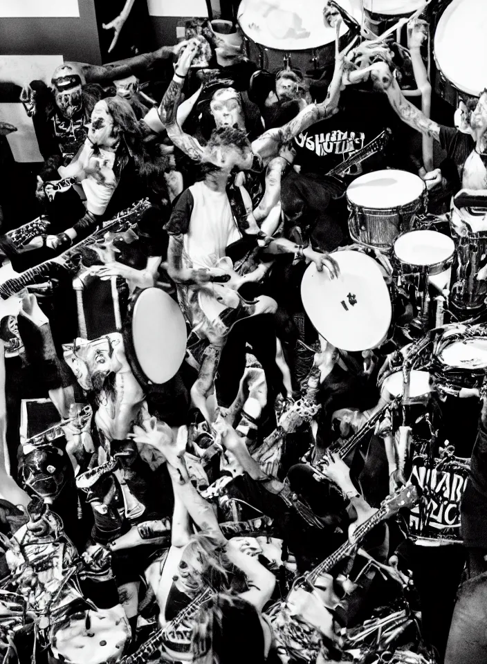 Image similar to a black and white photograph of a hardcore punk band of humanoid opossums playing drums and guitars in a rowdy concert, art photography by Edward Colver