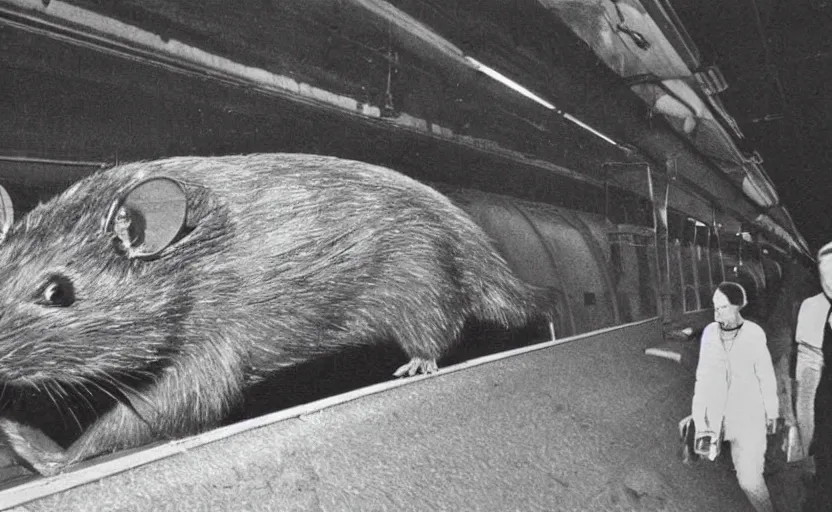 Image similar to old photo from 1 9 6 5. very large giant mutant ugly rat on railways in tonnel of moscow metro. extreme high detail. low light, scary atmosphere