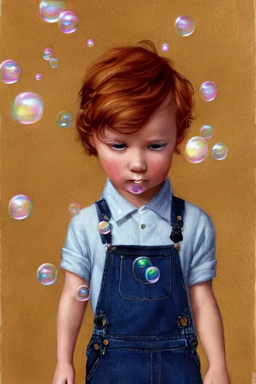 Image similar to a little boy with very short ginger hair wearing denim overalls chasing bubbles. clean elegant painting, beautiful detailed face, lots of bubbles. by artgerm and greg rutkowski