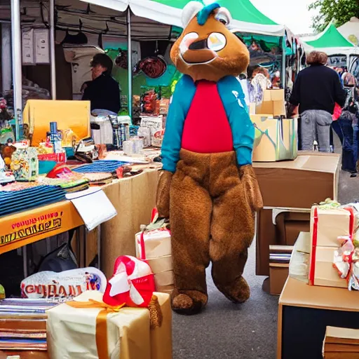 Prompt: hyperrealistic photo of the Snappy Gifts mascot delivering gifts in a flea market