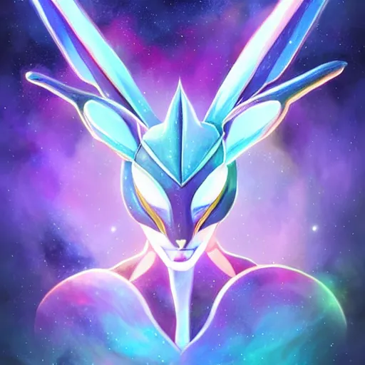 Image similar to geometric symmetrical sylveon with galaxy eyes in space, nebula in the background, intricate, elegant, highly detailed, digital painting, artstation, concept art, smooth, sharp focus, illustration, art by artgerm