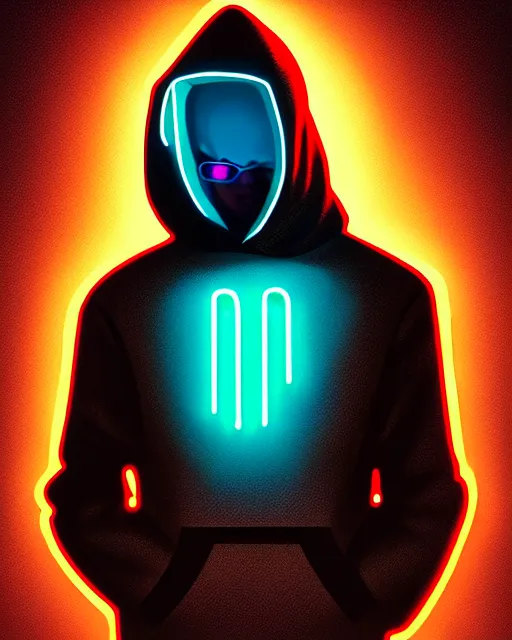 Image similar to cyberpunk synth, hyper - realistic portrait of a man in a hoodie with neon mask, cyberpunk, by atey ghailan, by greg rutkowski, by greg tocchini, by james gilleard, by joe fenton, by kaethe butcher, dynamic lighting, gradient light blue, brown, cinematic lighting color scheme, sharp focus, grunge aesthetic