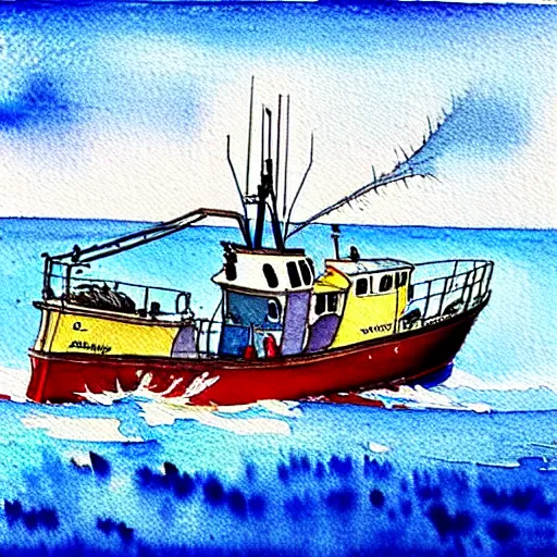 Prompt: uk registered fishing trawler, fishing boat, commercial fishing, rough seas, aerial view, watercolour