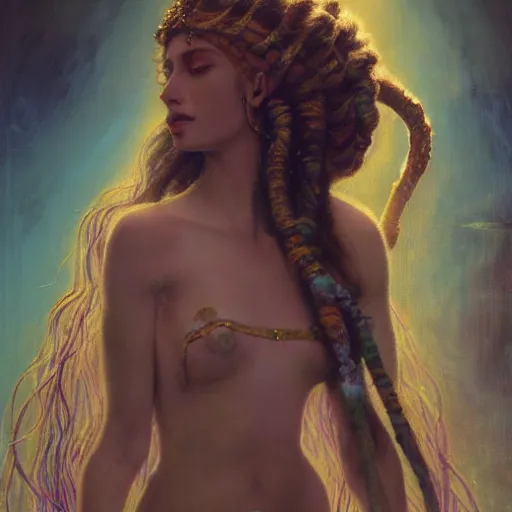 Image similar to birth of sumerian goddess inanna ishtar, ashteroth, techno mystic goddess princess intergalactica, with aqua neon rapunzel dreadlocks, mami wata, detailed, by gaston bussiere, bayard wu, greg rutkowski, giger, maxim verehin, greg rutkowski, masterpiece, sharp focus,