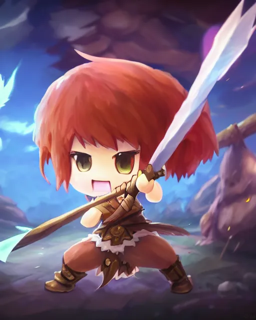 Image similar to oil painting of a cute chibi MapleStory warrior,, attacking, casting a spell with a spear, wearing a MapleStory warrior outfit, sharp focus, fantasy style, octane render, volumetric lighting, 8k high definition, by greg rutkowski, highly detailed, trending on artstation, magic the gathering artwork, Perion background from MapleStory, centered