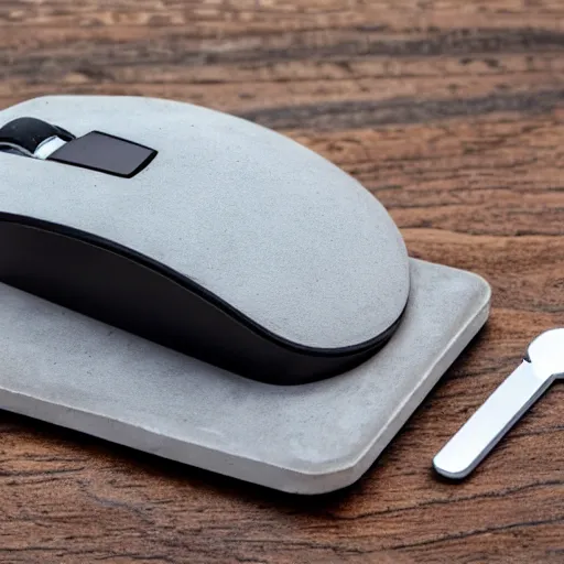 Prompt: a computer mouse made of concrete, product photo, detailed