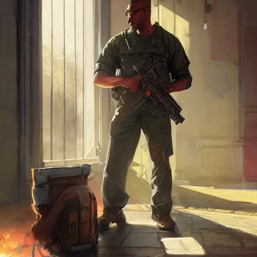 Prompt: A US marine eating crayons in a posh restaurant as a grand theft auto 5 loading screen, art by Andreas Rocha and greg rutkowski, highly detailed, digital painting, matte painting, concept art, illustration, dim lighting, trending on artstation, very detailed