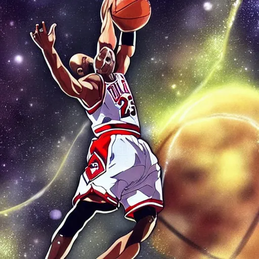 Prompt: digital painting of michael jordan dunking a basketball in space, by takehiko inoue and studio ghibli, highly detailed, science fiction, anime, ghost in the shell color scheme, masterpiece