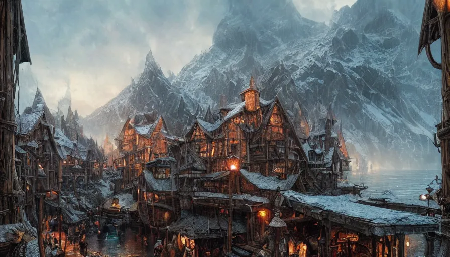 Image similar to a beautiful photo realistic still image of laketown from the movie the hobbit, warm colors, very high details by greg rutkowski, trending on artstation, very very detailed, masterpiece,