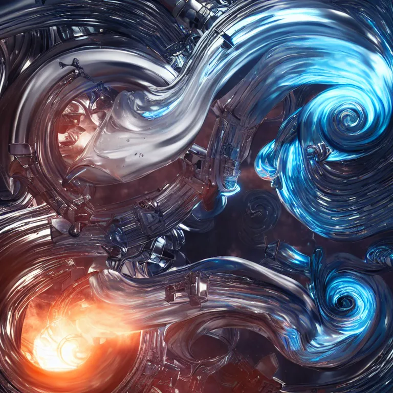 Image similar to swirling abstract cyborg parts and ornate flowing smoke streams and smooth particle effects surround a metallic spiral, cinematic, unreal engine