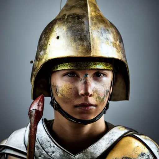 Prompt: Closeup shot of a young Spartan soldier, helmet, spear, painting, majestic art