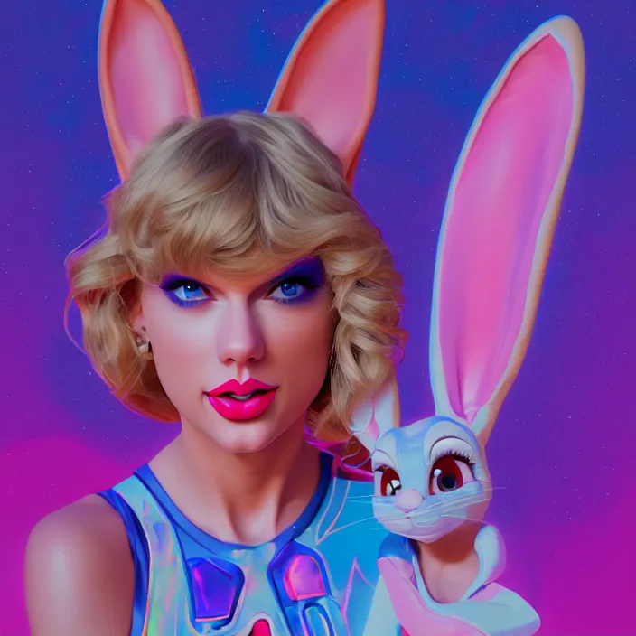 Image similar to portrait of Taylor Swift as Lola Bunny in Space Jam 1996. intricate abstract. intricate artwork. by Tooth Wu, wlop, beeple, dan mumford. octane render, trending on artstation, greg rutkowski very coherent symmetrical artwork. cinematic, hyper realism, high detail, octane render, 8k, iridescent accents