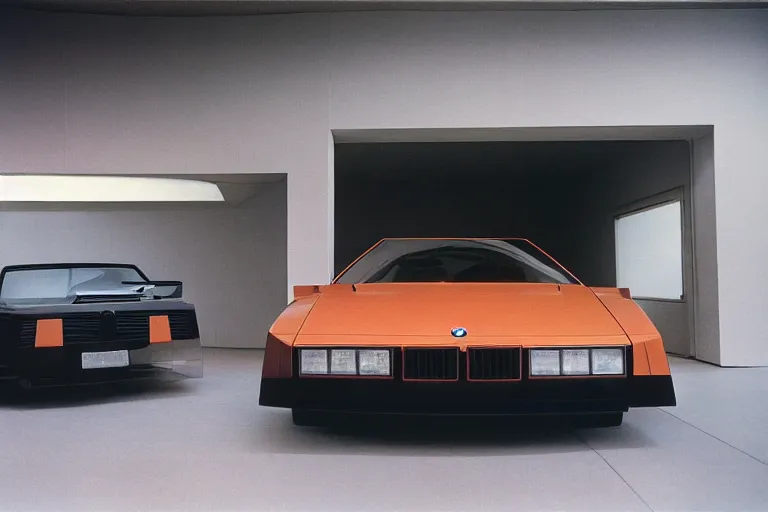 Prompt: 1984 wedge shaped sports car, BMW M1 Lincoln Continental, inside of a minimalist Tokyo garage, ektachrome photograph, volumetric lighting, f8 aperture, cinematic Eastman 5384 film