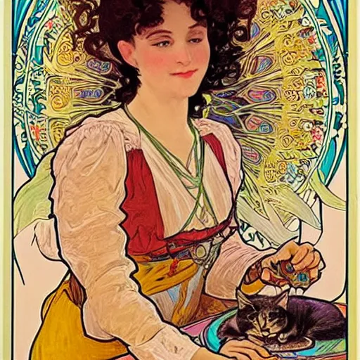 Image similar to Caucasian fortune teller lady with curly hair, a spread of tarot cards on a table, cats on her side, in a colorful tent, Alphonse Mucha poster ,