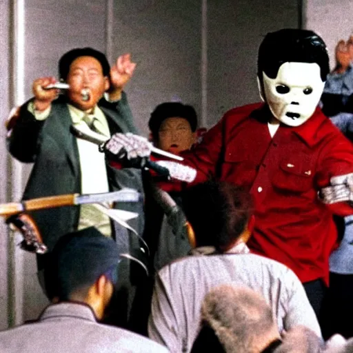 Image similar to a still of Kim Jong-il as Jason Voorhees, north Korean slasher, iconic hockey mask, machete