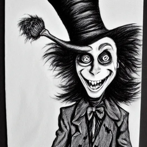 Image similar to horrifying charcoal drawing of the mad-hatter-willie-wonka-babadook