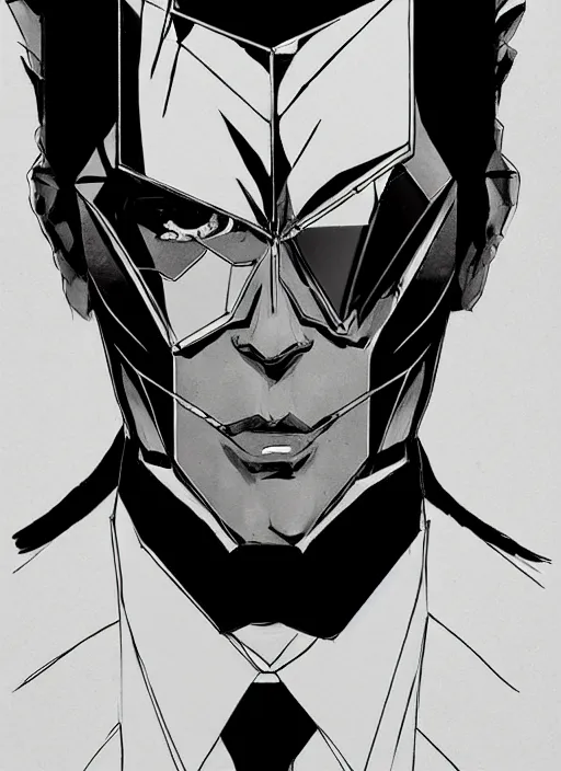 Image similar to Half body portrait of a god of intellect, a man in a tuxedo wearing a shattered mirror mask. In style of Yoji Shinkawa and Hyung-tae Kim, trending on ArtStation, dark fantasy, great composition, concept art, highly detailed, dynamic pose.