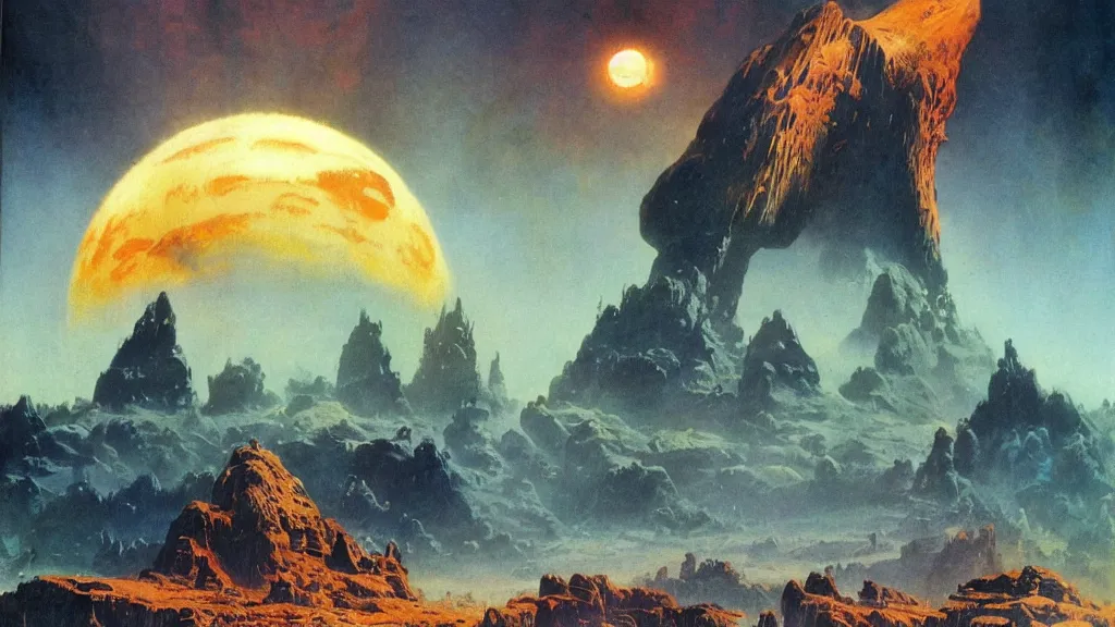 Image similar to surreal eerie alien planet empire by frank frazetta and bruce pennington, cinematic matte painting