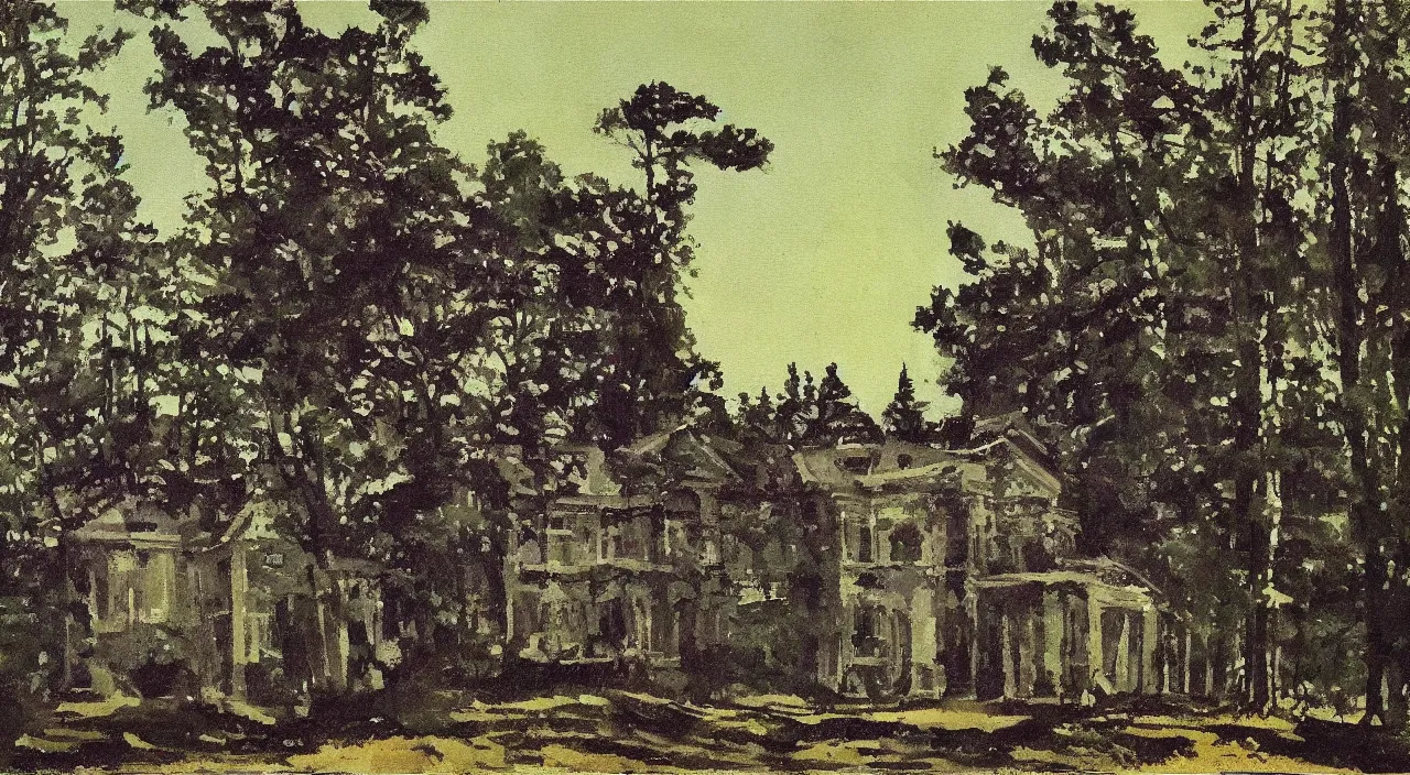 Image similar to the mansion in the woods, in the style of gifford beal,