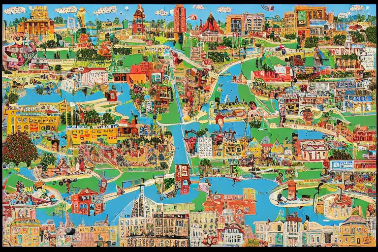 Image similar to an elaborate kids city map carpet rug, detailed, made of penned illustrations, by wes anderson and geoff darrow!!!!!