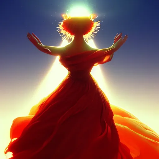 Image similar to goddes of the sun, beautiful, stunning, red golden dress, whirling with power in the sky, unreal engine, concept art, photorealistic, cinematic, james jean, akira, satochi con