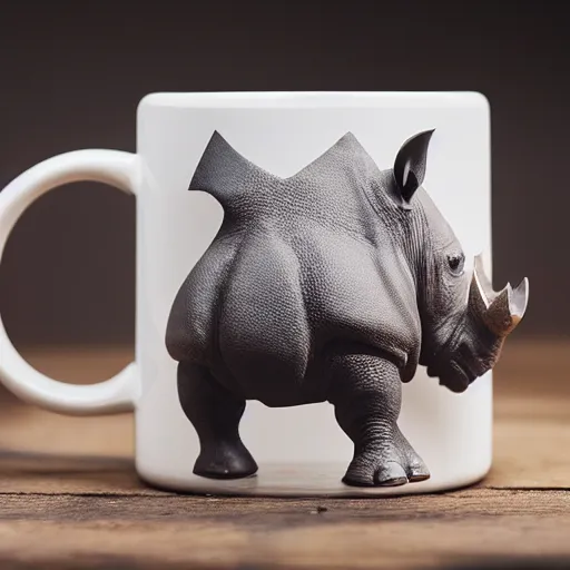 Image similar to a mug with shape of a rhino head, high quality product photography