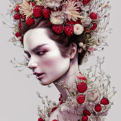 Image similar to the portrait of an absurdly beautiful, graceful, elegant, sophisticated, fashionable woman made of strawberries and white petals looking down, an ultrafine hyperdetailed illustration by kim jung gi, irakli nadar, intricate linework, bright colors, octopath traveler, final fantasy, unreal engine 5 highly rendered, global illumination, radiant light, detailed and intricate environment