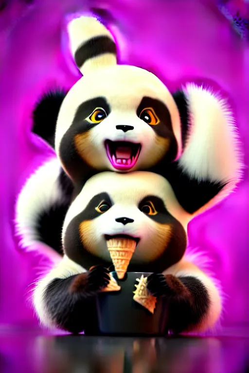 Image similar to high quality 3 d render hyperrealist very cute gothic grumpy panda & dragon hybrid eating ice cream, vray smooth, in the style of detective pikachu, very dramatic light, low angle, uhd 8 k, shallow depth or field