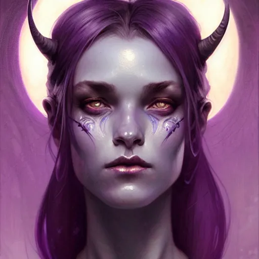 Prompt: tiefling portrait, purple skin, moon, ashes, fantasy, intricate, elegant, highly detailed, symmetrical face, digital painting, artstation, concept art, smooth, sharp focus, illustration, art by krenz cushart and artem demura and alphonse mucha