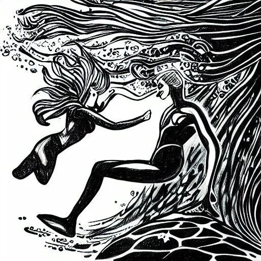 Image similar to old drawing of a scuba diver swimming with a beautiful mermaid underwater, under water scenery, dramatic lighting, intense, epic, realistic drawing