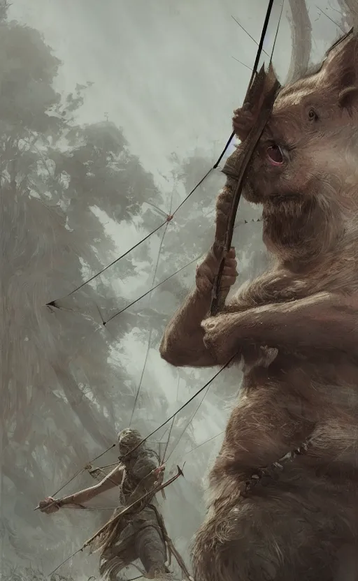 Image similar to portait of a pig archer shooting arrow at forest monster, front game card, drark, marvel comics, dark, intricate, highly detailed, smooth, artstation, digital illustration by ruan jia and mandy jurgens and artgerm and wayne barlowe and greg rutkowski and zdislav beksinski