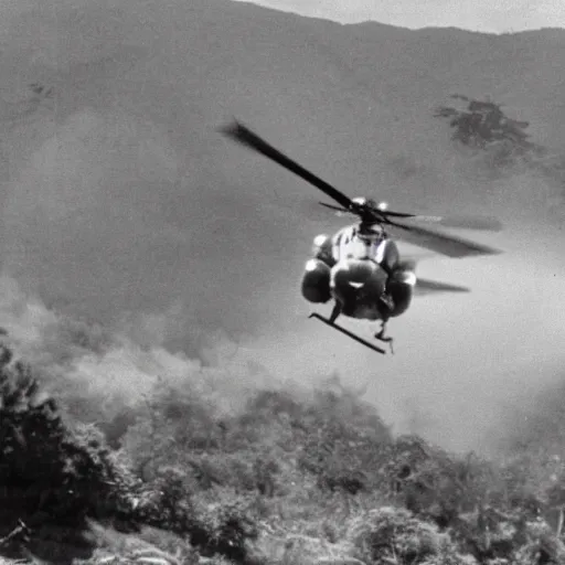 Prompt: vietnam war soldiers in combat with flying saucer, hilly terrain, helicopters, shot on 1 9 7 0 s film