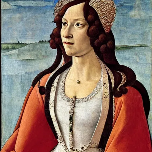 Prompt: portrait of a white labrododdle dressed as an italian queen, painting by botticelli, 1 4 8 0 s