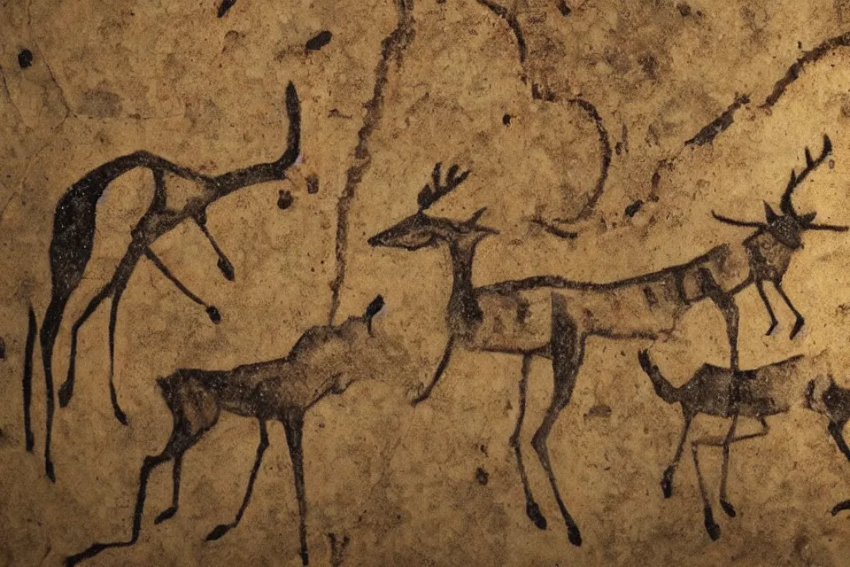 Image similar to a cave painting of a deer and a robot. lascaux cave paintings, cahuvet