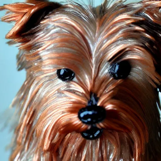Prompt: a closeup photorealistic sad knitted plush yorkshire terrier