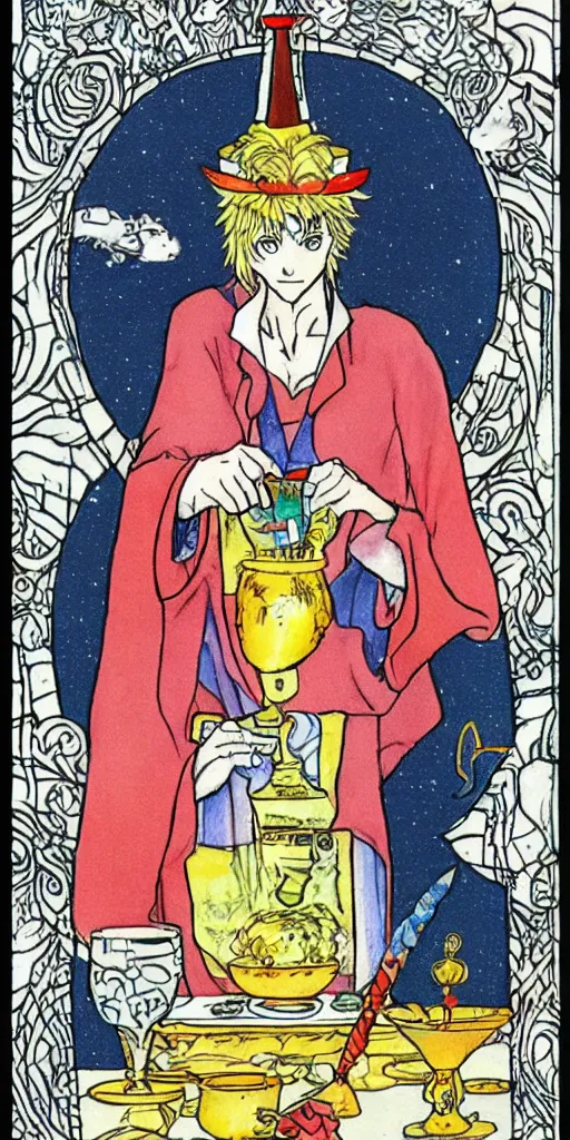 Image similar to a mystical man with a goblet on the table, wizard hat, drawn by Naoko Takeuchi, impressive line work, tarot card. tarot card the magician,