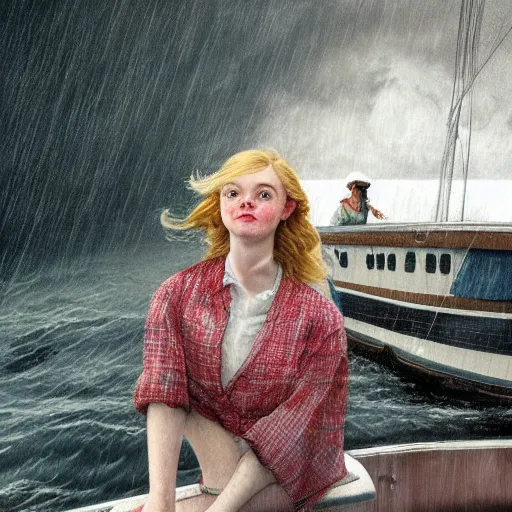 Image similar to Elle Fanning on a boat during a storm, by Norman Rockwell, Extremely detailed. 8K. Award winning.