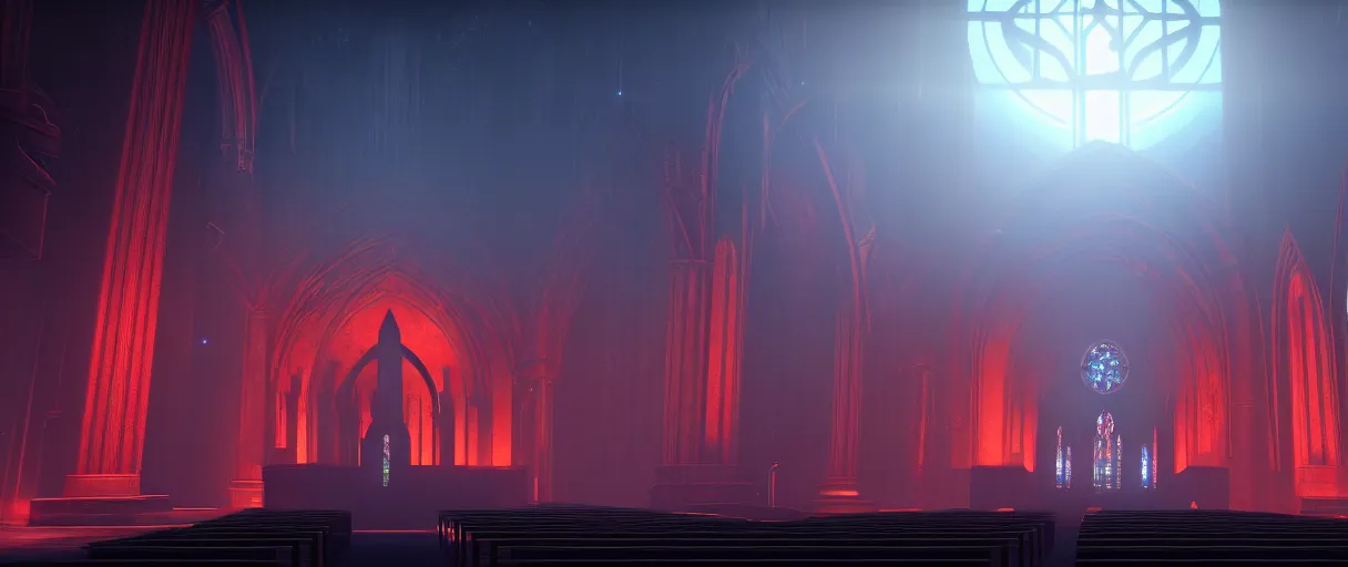 Prompt: symmetrical, centered, ancient church of worship with red shafts of light in destiny 2, foggy, liminal, dark, dystopian, beautiful architecture, abandoned, highly detailed 4 k 6 0 fps destiny 2 promotional poster image wallpaper, official image bungie website