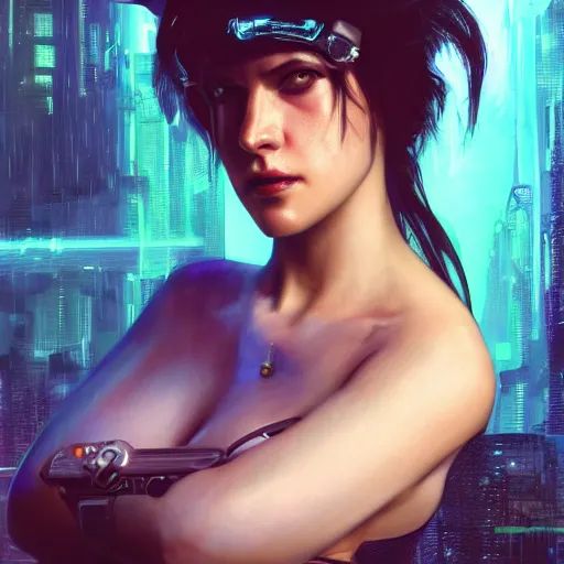 Image similar to cyberpunk woman | powerful | hyperrealistic | lush background | sci fi environment | action pose | digital painting | trending on artstation | pinup portrait | clean | illustration | dressed | unreal engine 5 | 8 k resolution | by greg rutkowski, j. w. waterhouse, alphonse mucha, olivia de berardinis, gustav klimt and mel ramos