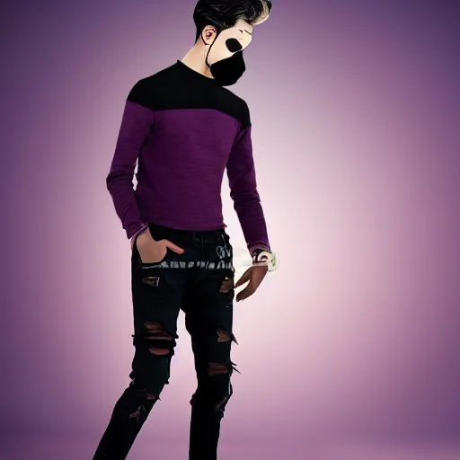 Image similar to professional digital art of a full-body view of a stylish young adult man with short hair wearing a black face mask, a striped long-sleeved shirt, and ripped jeans, high quality, HD, 8K, highly detailed, award-winning, dark purple clouds