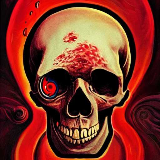 Image similar to a painting of a skull with red eyes, poster art by jeffrey smith, behance contest winner, psychedelic art, cosmic horror, anaglyph effect, darksynth