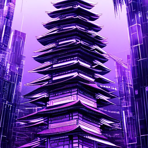 Image similar to Futuristic Pagoda Shrine in Tokyo megapolis in style of Tsutomu Nihei in purple and black tones. ArtStation, Cyberpunk, vertical symmetry, 8K, Highly Detailed, Intricate, Album Art.