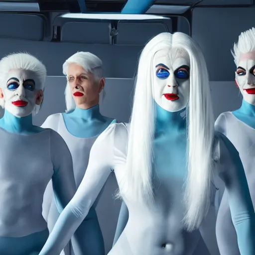 Image similar to troop of freak show women with white hair, white hair, tight light blue neopren suits, futuristic production facility, sci - fi, highly detailed, cinematic