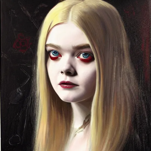 Prompt: a striking oil painting of Elle Fanning , dark, metal, occult, by Edward Hughes