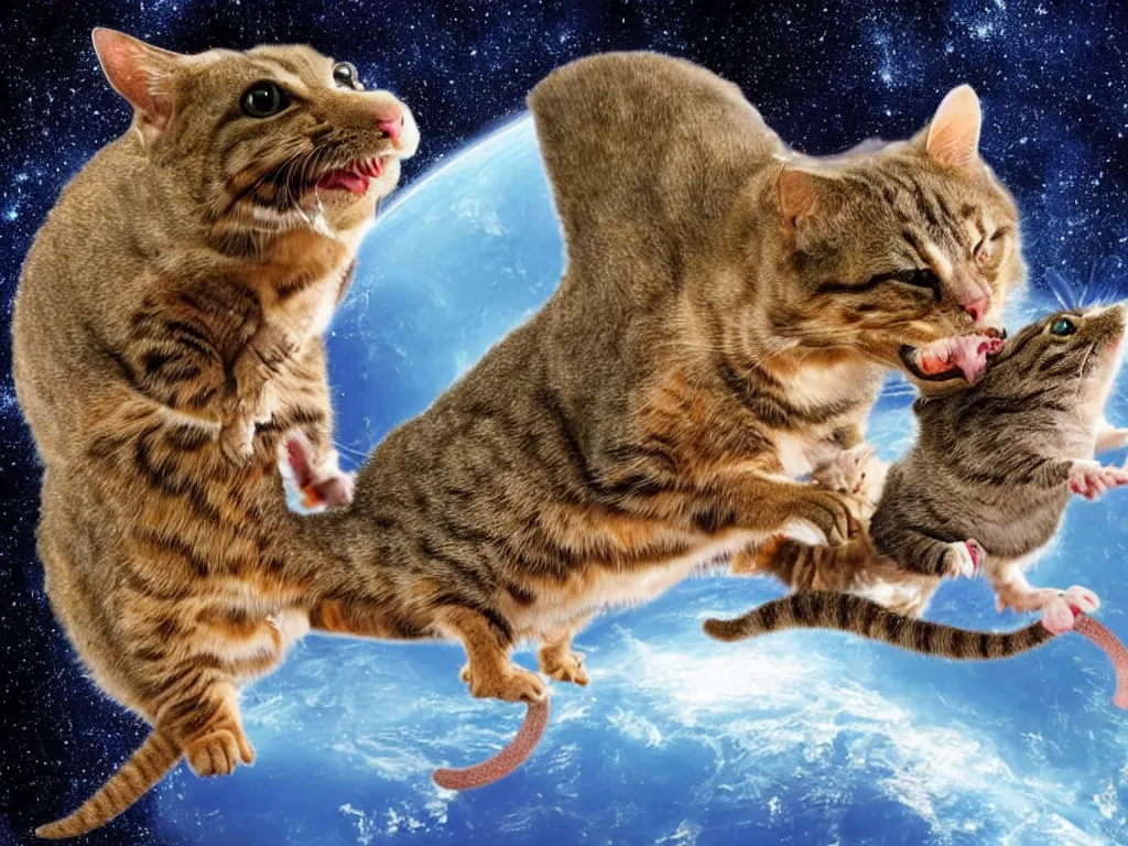 Image similar to a cat eating a mouse on top on a t-rex in space