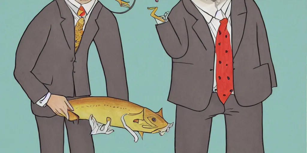 Image similar to anthropomorphic catfish wearing a suit, thumbs upping, by lisa hanawalt, by wanda gag