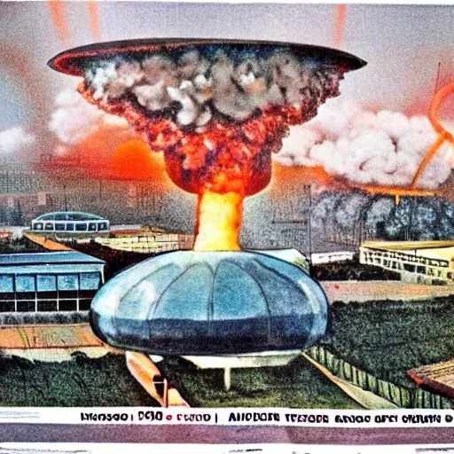 Image similar to A 1980s poster of a hawker centre and mushroom cloud