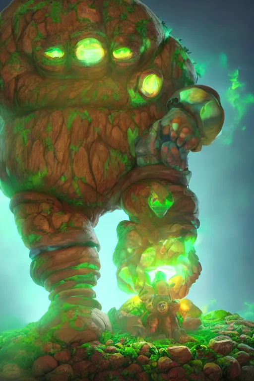 Image similar to arcane fantasy art giant golem elemental wood rock bastion forged gemstone enchanted forest troll, global illumination ray tracing hdr fanart arstation by sung choi and eric pfeiffer and gabriel garza and casper konefal lisa frank zbrush central hardmesh radiating a glowing aura